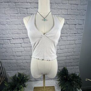 Gilli White Lettuce Edge Halter Tie Crop Top M Contrast Stitch